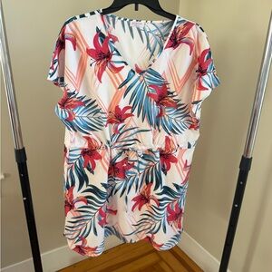 Floral V-Neck Swim Coverup in Pink & Blue - Unknown Brand